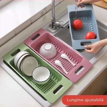 Coș extensibil de drenaj pentru chiuveta, raft dublu pentru spălat legume, albastru