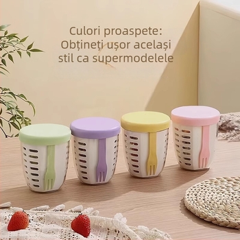 Cupă portabilă de fructe cu furculiță pentru scurgere — calitate alimentară, drenaj cu două straturi, pentru drumeții în aer liber și la birou