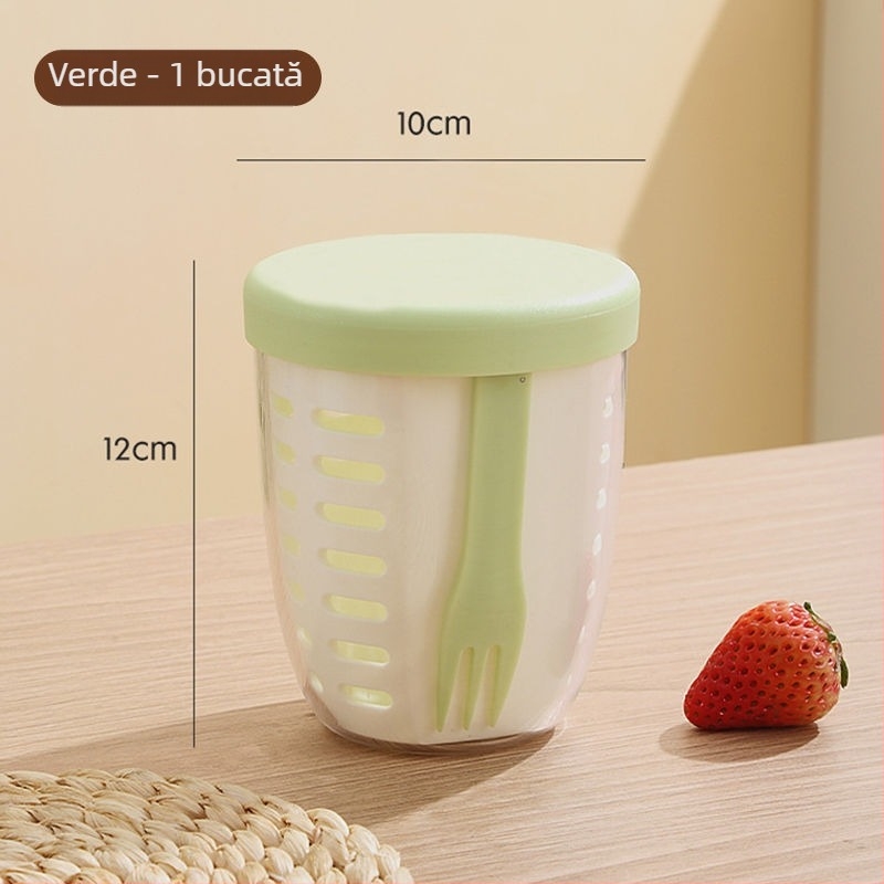 Cupă portabilă de fructe cu furculiță pentru scurgere — calitate alimentară, drenaj cu două straturi, pentru drumeții în aer liber și la birou