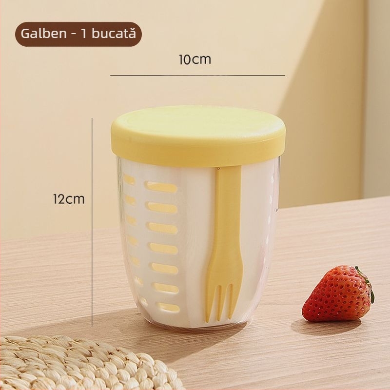 Cupă portabilă de fructe cu furculiță pentru scurgere — calitate alimentară, drenaj cu două straturi, pentru drumeții în aer liber și la birou