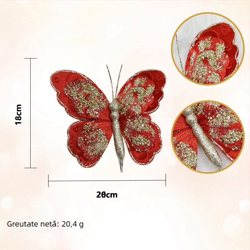 Ornament de Crăciun în formă de fluture, din material textil cu paiete, luciu auriu, pandantiv pentru brad