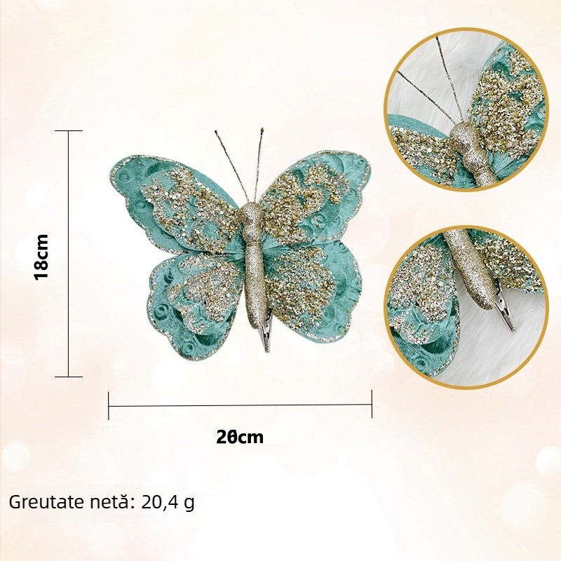 Ornament de Crăciun în formă de fluture, din material textil cu paiete, luciu auriu, pandantiv pentru brad