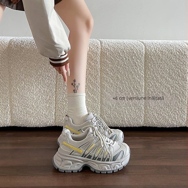 Pantofi sport pentru femei, cu talpă groasă, stil nou de primăvară 2026, vârf rotund, șireturi, bloc de culoare, pantofi sport casual pentru exterior