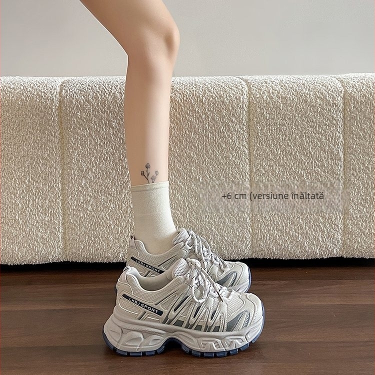Pantofi sport pentru femei, cu talpă groasă, stil nou de primăvară 2026, vârf rotund, șireturi, bloc de culoare, pantofi sport casual pentru exterior