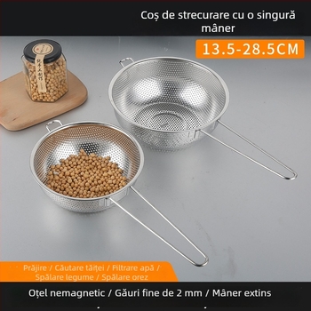 Vas din oțel inoxidabil cu găuri dense, cu mâner unic, pentru scurgerea apei și a grăsimilor; potrivit pentru spălarea fructelor și legumelor în bucătărie și pentru spălatul orezului.