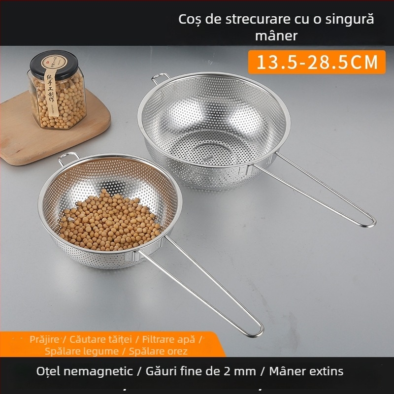 Vas din oțel inoxidabil cu găuri dense, cu mâner unic, pentru scurgerea apei și a grăsimilor; potrivit pentru spălarea fructelor și legumelor în bucătărie și pentru spălatul orezului.