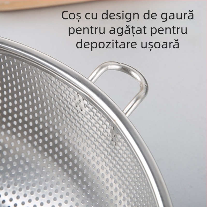 Vas din oțel inoxidabil cu găuri dense, cu mâner unic, pentru scurgerea apei și a grăsimilor; potrivit pentru spălarea fructelor și legumelor în bucătărie și pentru spălatul orezului.