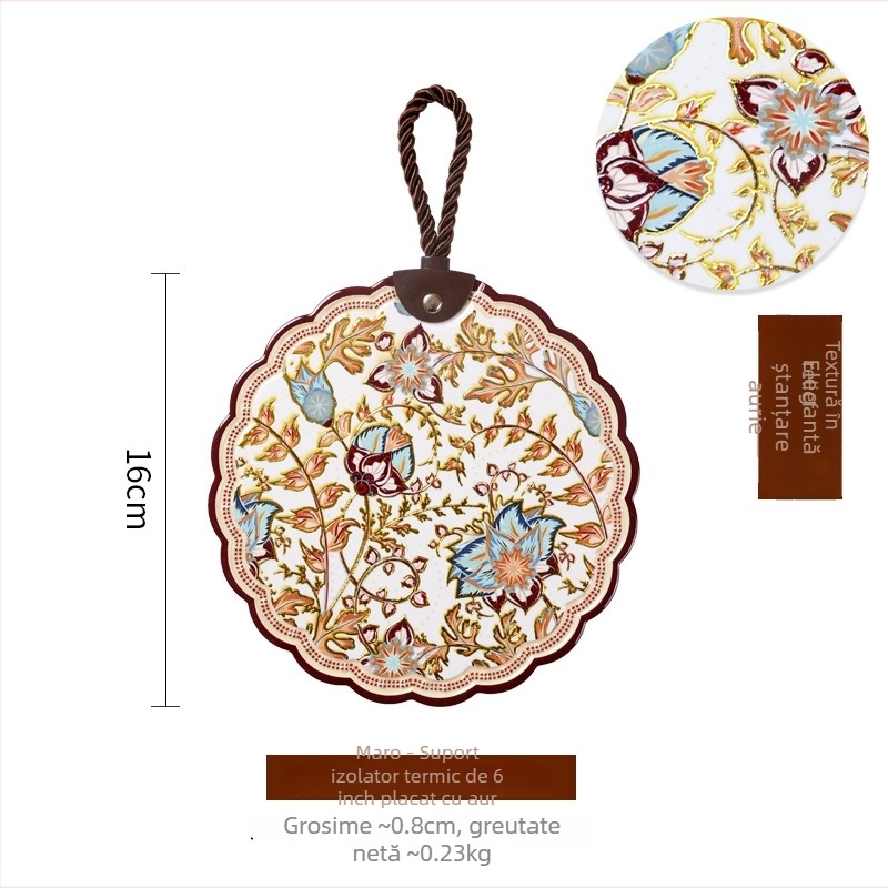 Suport ceramic pentru oale cu bază din plută, 6 inch, izolare termică, antiderapant, model floral boem