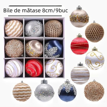 Ornamente pentru brad, set 9 bucăți, diametru 8 cm, mingi de spumă vopsite cu fir de mătase