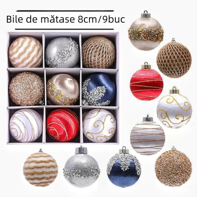 Ornamente pentru brad, set 9 bucăți, diametru 8 cm, mingi de spumă vopsite cu fir de mătase