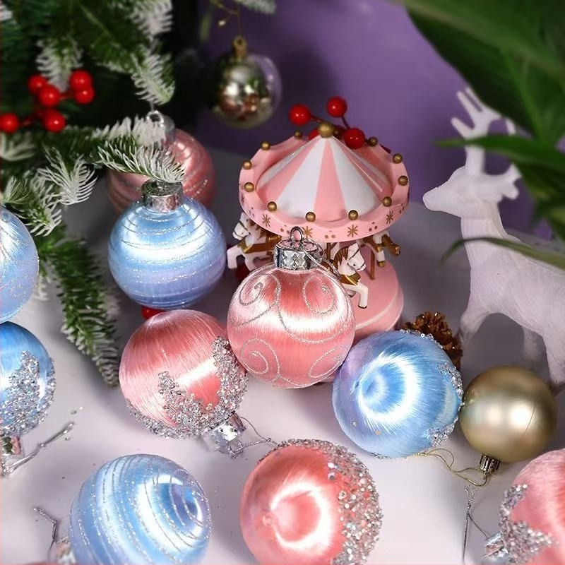 Ornamente pentru brad, set 9 bucăți, diametru 8 cm, mingi de spumă vopsite cu fir de mătase