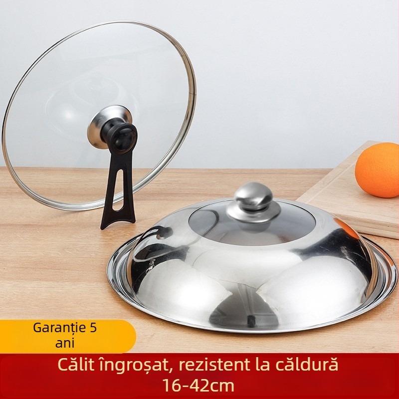 Capac wok din oțel inoxidabil, sticlă temperată, 32 cm, rotund, transparent
