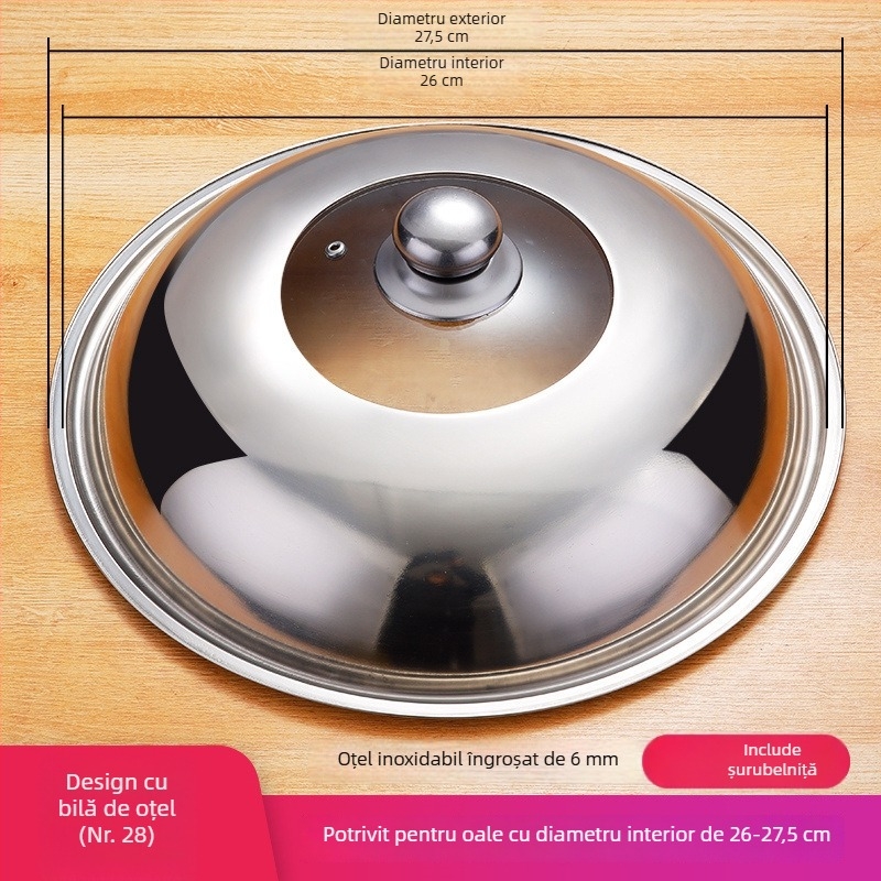 Capac wok din oțel inoxidabil, sticlă temperată, 32 cm, rotund, transparent