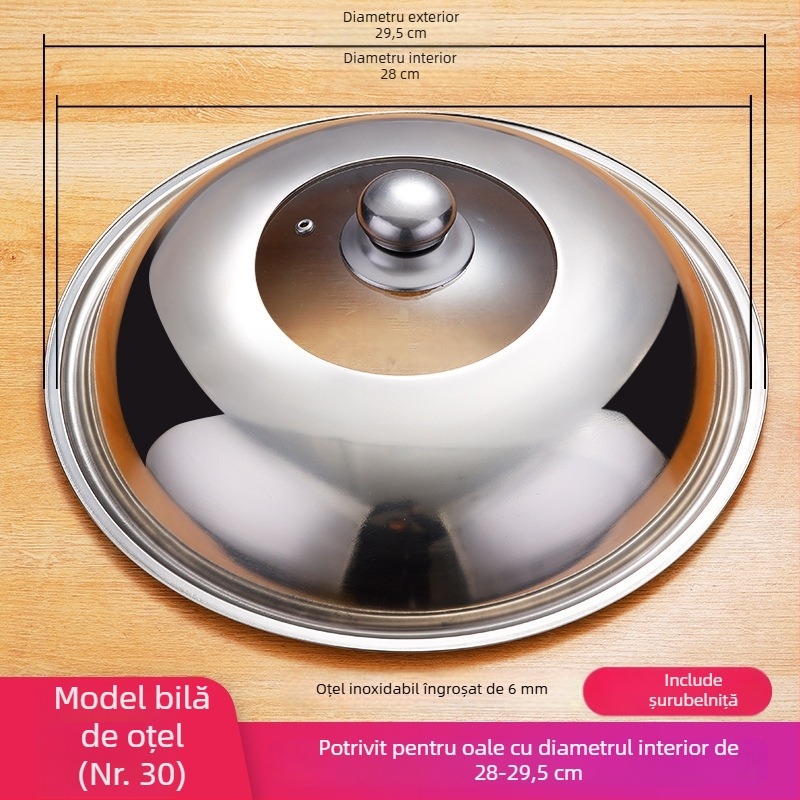 Capac wok din oțel inoxidabil, sticlă temperată, 32 cm, rotund, transparent