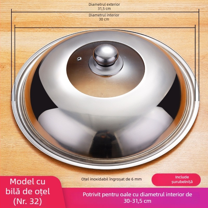 Capac wok din oțel inoxidabil, sticlă temperată, 32 cm, rotund, transparent