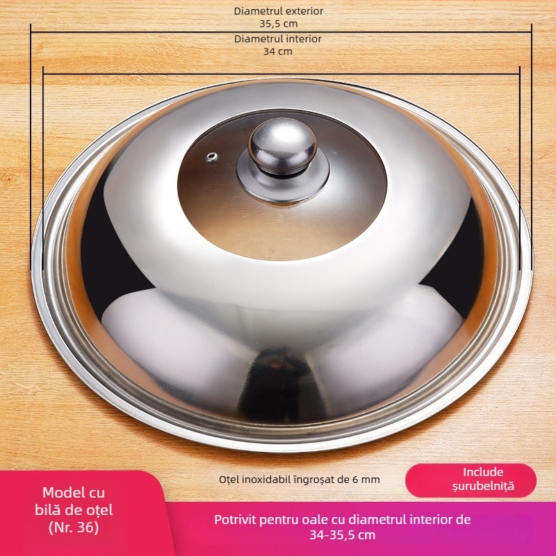 Capac wok din oțel inoxidabil, sticlă temperată, 32 cm, rotund, transparent