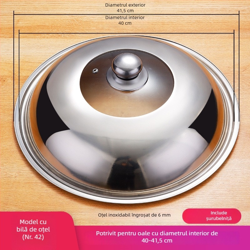 Capac wok din oțel inoxidabil, sticlă temperată, 32 cm, rotund, transparent