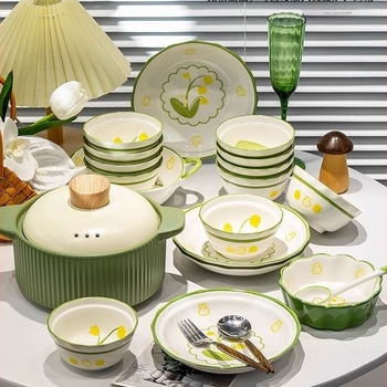 Set ceramic cu boluri și farfurii pentru uz casnic, culoare crem, design elegant, set complet de veselă, model 2023