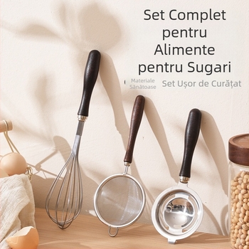Set din oțel inoxidabil 304 pentru bucătărie, pentru coacere, cu mânere din lemn de nuc: tel de ouă, filtru, separator de albuș