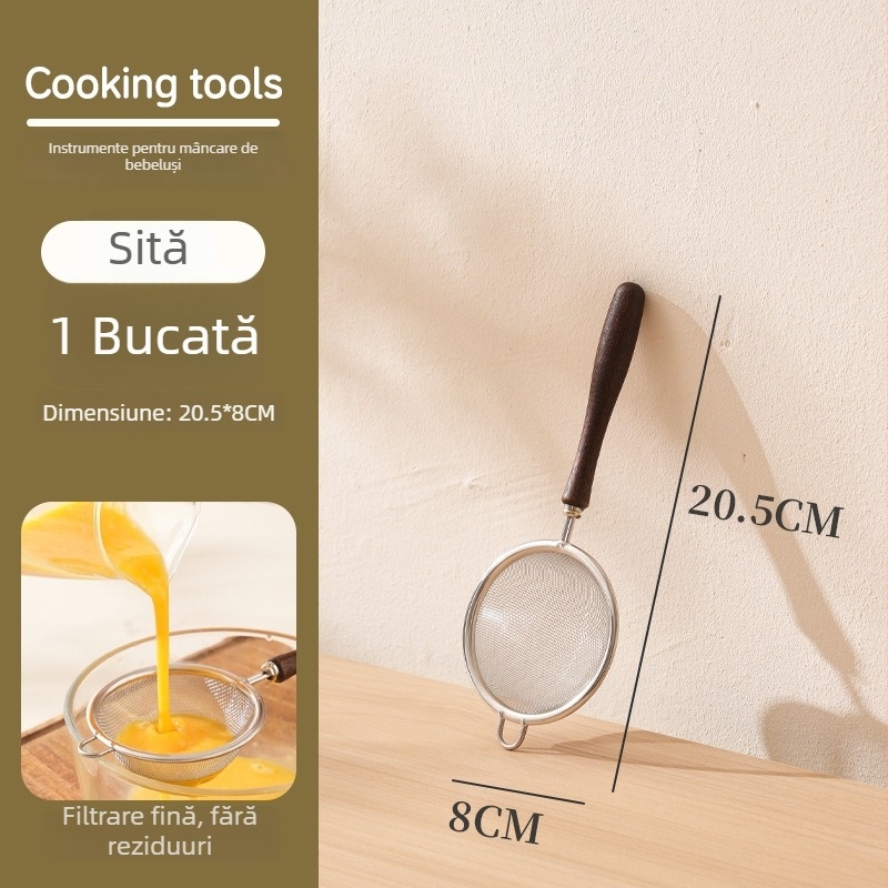 Set din oțel inoxidabil 304 pentru bucătărie, pentru coacere, cu mânere din lemn de nuc: tel de ouă, filtru, separator de albuș