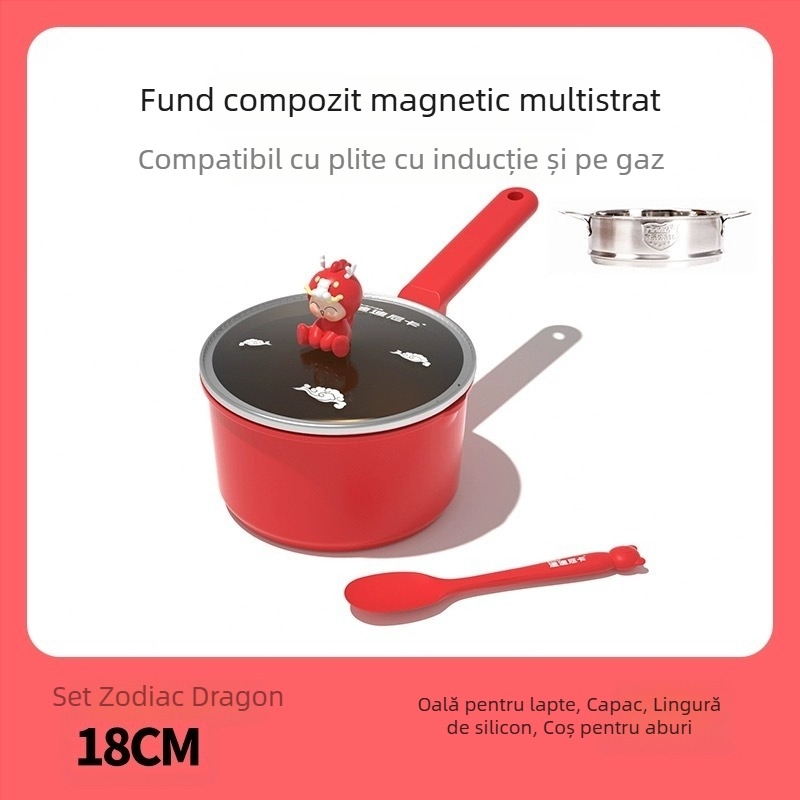 Didinika Oală pentru hrana bebelușului cu strat antiaderent — vas multifuncțional pentru gătit și încălzire lapte (aluminiu, capac din sticlă întărită)