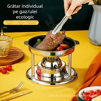 Grătar cu gaz, portabil, pentru o singură persoană, cu plăcuță antiaderentă în stil coreean, frigărui de carne și tigaie pentru grătar; flacără reglabilă.