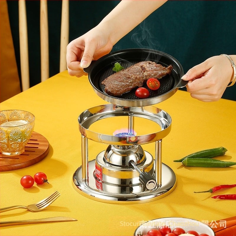 Grătar cu gaz, portabil, pentru o singură persoană, cu plăcuță antiaderentă în stil coreean, frigărui de carne și tigaie pentru grătar; flacără reglabilă.