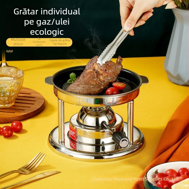 Grătar cu gaz, portabil, pentru o singură persoană, cu plăcuță antiaderentă în stil coreean, frigărui de carne și tigaie pentru grătar; flacără reglabilă.