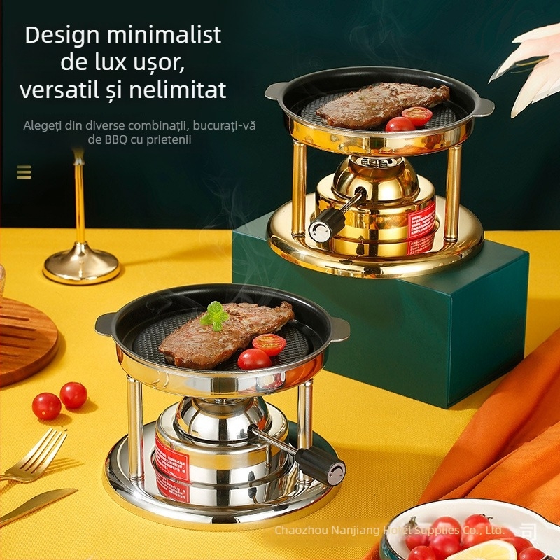 Grătar cu gaz, portabil, pentru o singură persoană, cu plăcuță antiaderentă în stil coreean, frigărui de carne și tigaie pentru grătar; flacără reglabilă.