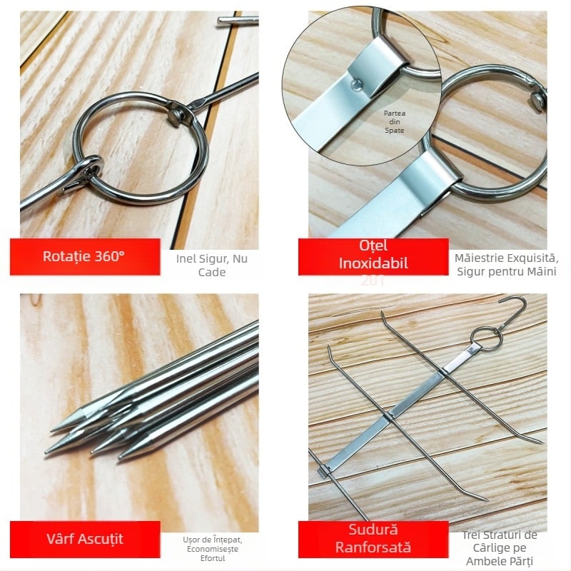 Pingcheng set de barbeque din oțel inoxidabil – inel de porc cu trei straturi pentru grătar, furculiță groasă pentru aripioare de pui, furculiță Pipa și cârlig pentru carne la grătar