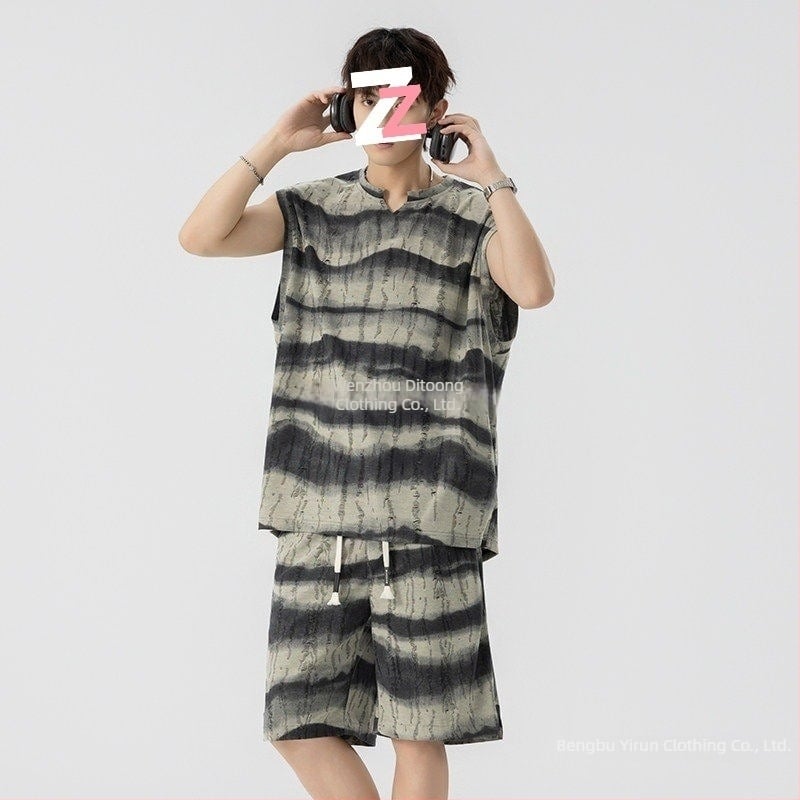 Set vestă casual pentru bărbați cu tie-dye și dungi neregulate, gri și verde