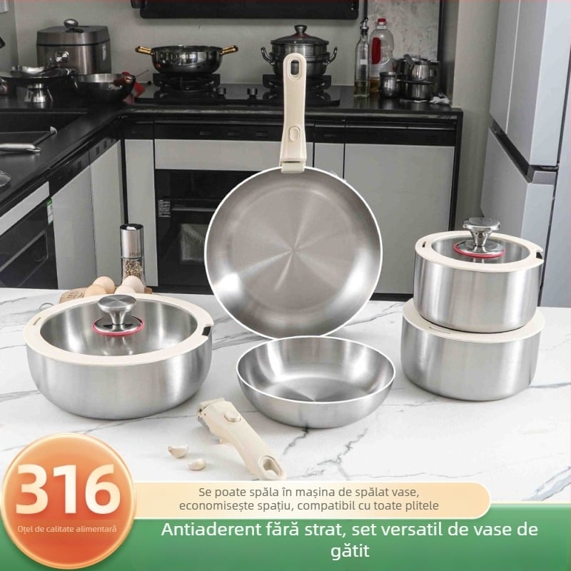 Ye Guo oțel inoxidabil 316, set de 6 vase de bucătărie cu mâneri detașabile, tigaie fără strat și capac de sticlă pentru uz casnic