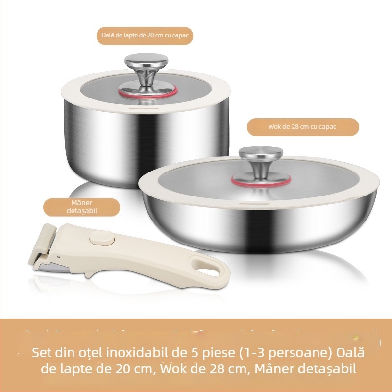 Ye Guo oțel inoxidabil 316, set de 6 vase de bucătărie cu mâneri detașabile, tigaie fără strat și capac de sticlă pentru uz casnic