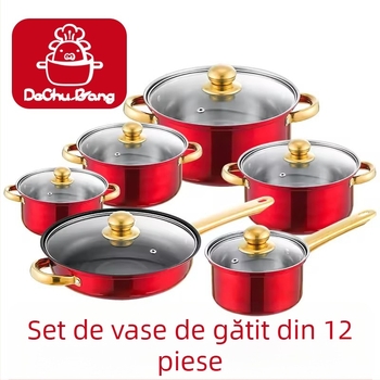 Set de vase din oțel inoxidabil colorat, 12 piese, cu fund triplu stratificat: oală pentru supă, oală pentru lapte, tigaie și ceainic