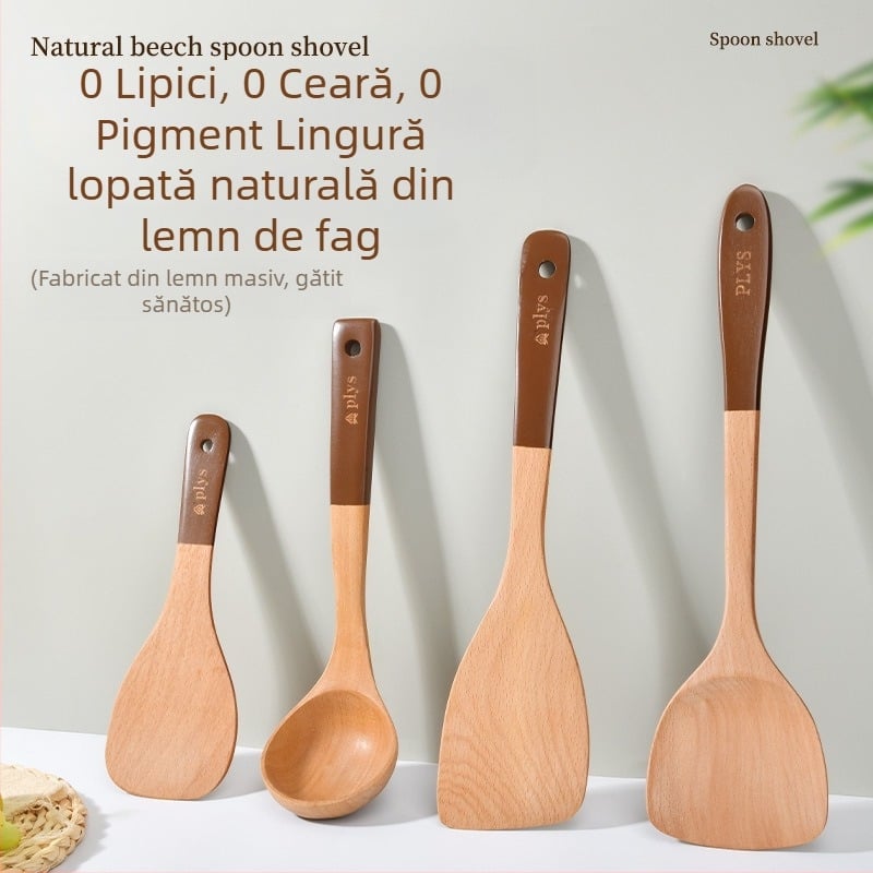Set cu spatulă din lemn cu mâner lung, lingură pentru orez și lingură de supă pentru tigăi antiaderente