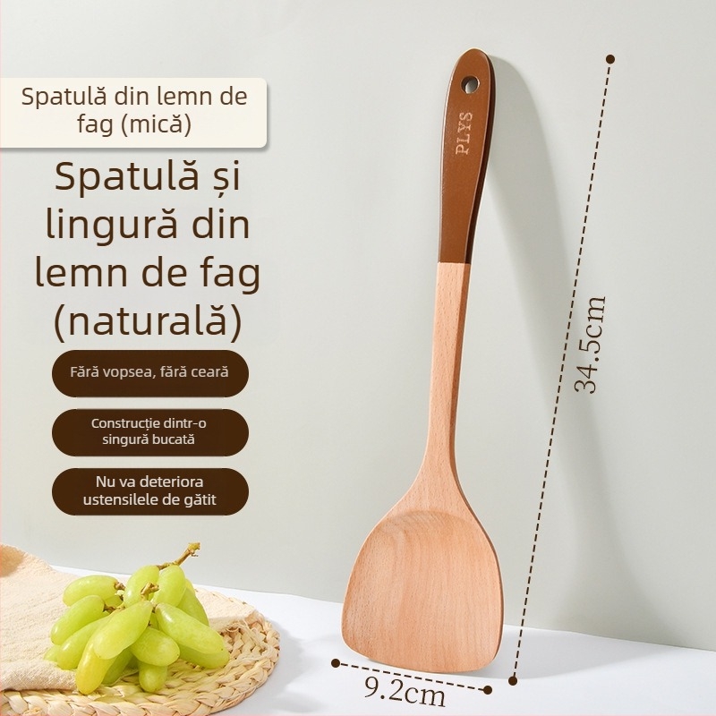 Set cu spatulă din lemn cu mâner lung, lingură pentru orez și lingură de supă pentru tigăi antiaderente