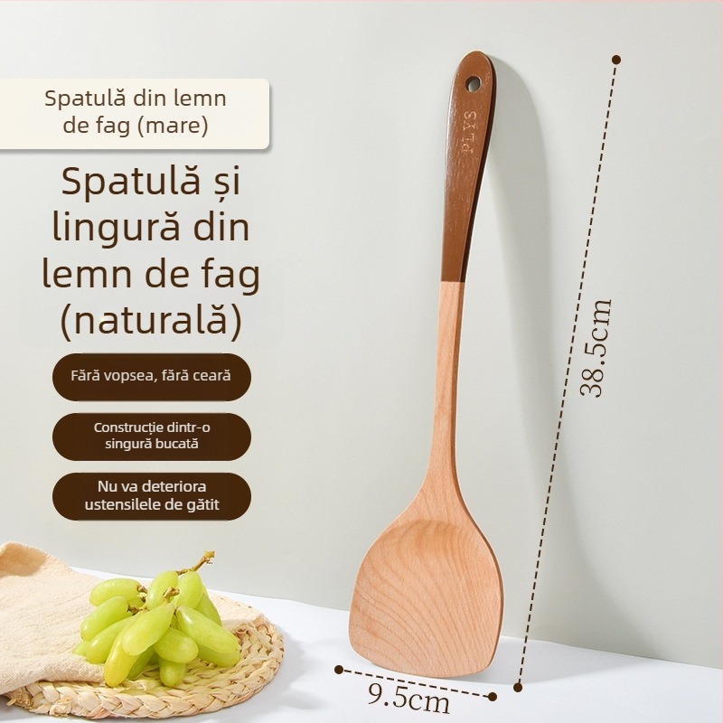 Set cu spatulă din lemn cu mâner lung, lingură pentru orez și lingură de supă pentru tigăi antiaderente
