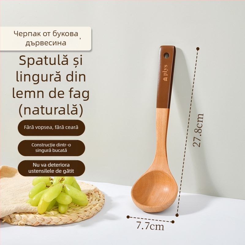 Set cu spatulă din lemn cu mâner lung, lingură pentru orez și lingură de supă pentru tigăi antiaderente