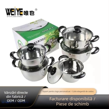 Set de vase din oțel inoxidabil cu capace – 10 piese, oale pentru lapte și supă, capace din sticlă, dimensiuni 16–24 cm