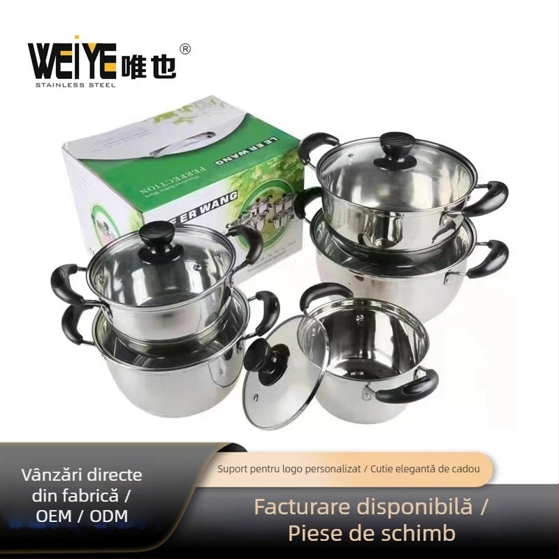 Set de vase din oțel inoxidabil cu capace – 10 piese, oale pentru lapte și supă, capace din sticlă, dimensiuni 16–24 cm