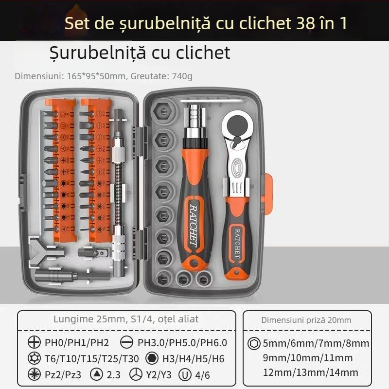 Set universal 38 în 1 cu clichetă și capete pentru întreținere casnică, auto și industrială