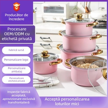 Set de vase din oțel inoxidabil cu mânere aurii, 10 piese, oale adânci pentru supă, bază magnetică
