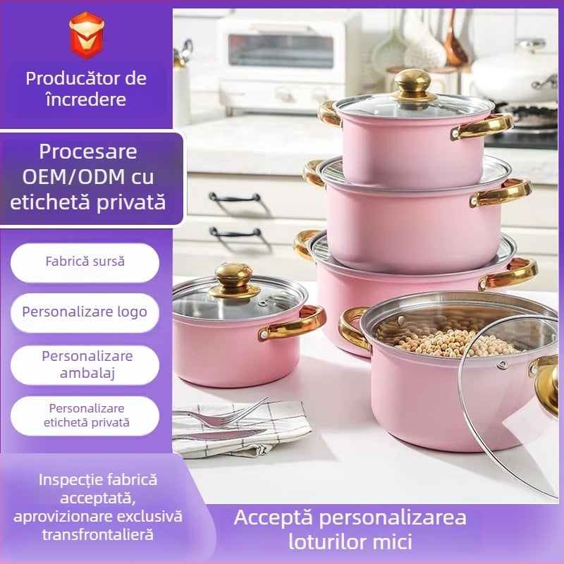 Set de vase din oțel inoxidabil cu mânere aurii, 10 piese, oale adânci pentru supă, bază magnetică