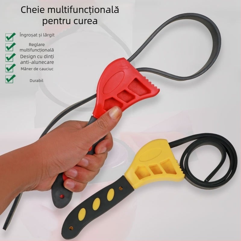 Cheie cu curea multifuncțională de 6-8 inch, cu deschizător reglabil pentru sticle și cheie pentru filtru din cauciuc pentru reparații auto