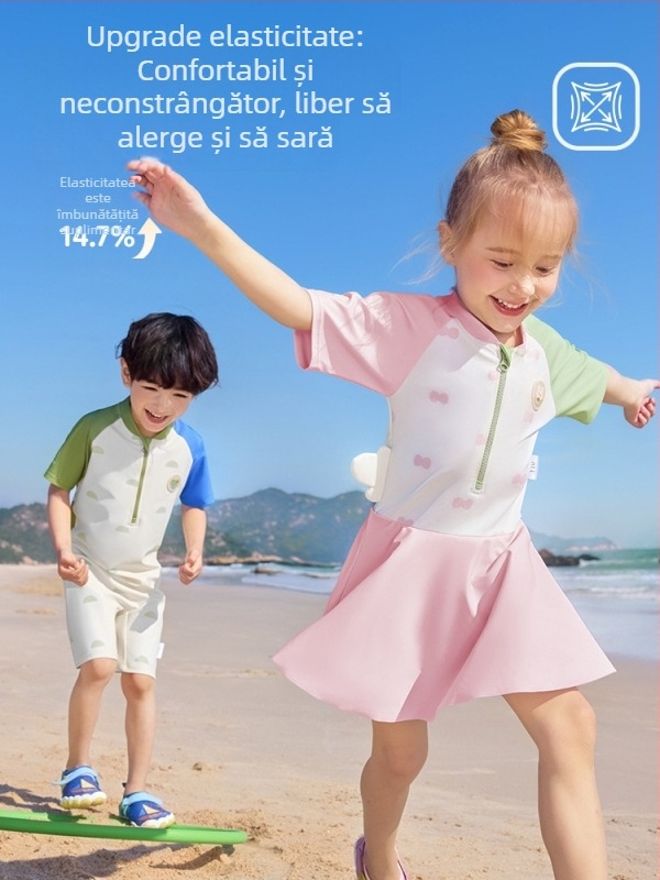 Costum de baie pentru copii cu protecție solară, mâneci scurte, de tip întreg, unisex, pentru 2–8 ani.