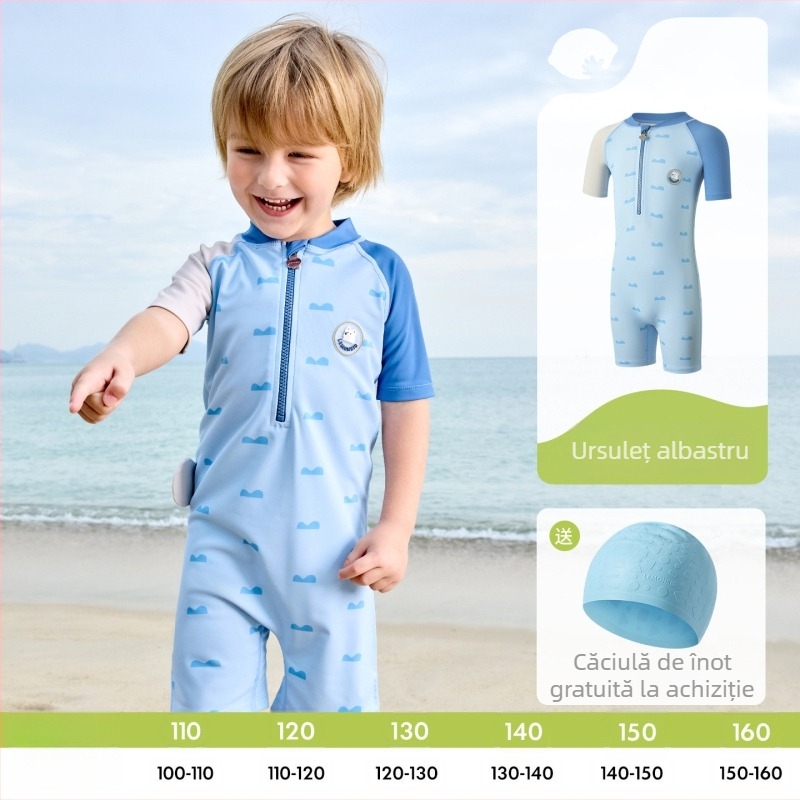 Costum de baie pentru copii cu protecție solară, mâneci scurte, de tip întreg, unisex, pentru 2–8 ani.
