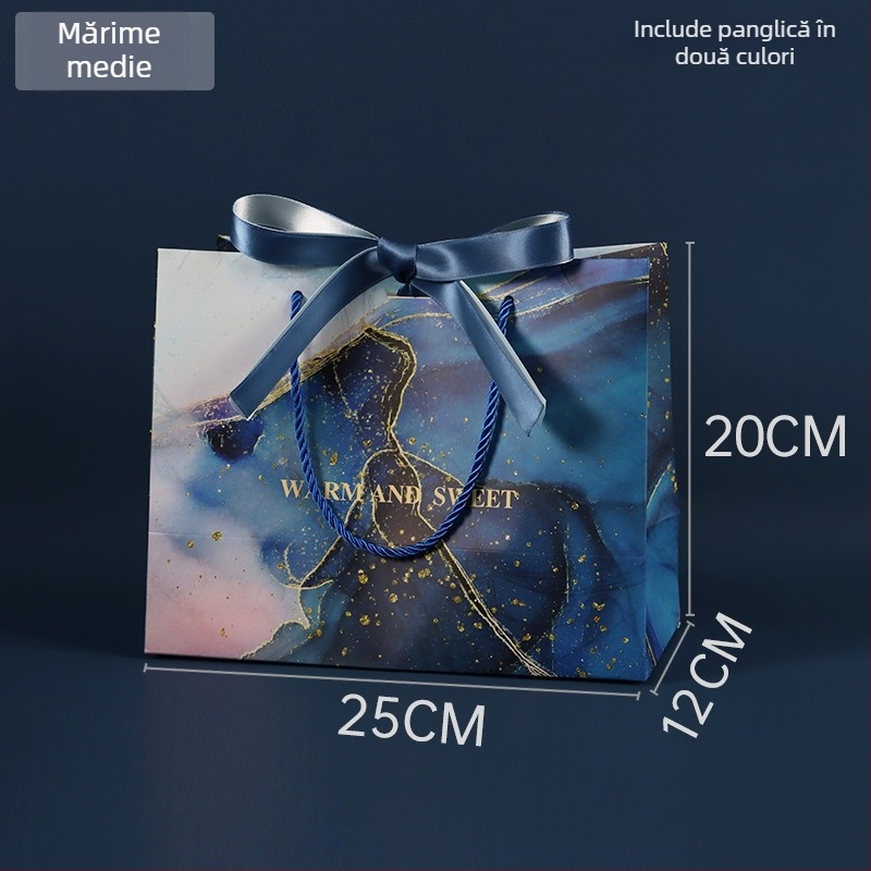 Pungi de cadouri în stil Ins, cu funda, din hârtie cu model marmură, albastru închis