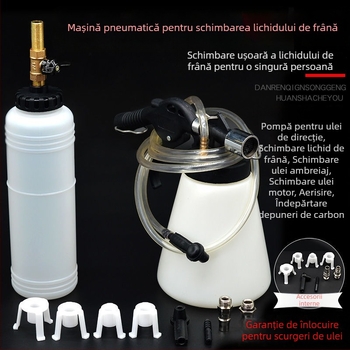 Dispozitiv pneumatic pentru înlocuirea fluidului de frână – kit de umplere/extragere cu recipient de 1000 ml, pompă 750 ml, conductă rezistentă la presiune, duză de aer și furtun