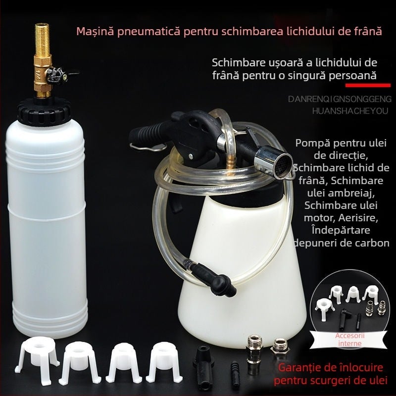 Dispozitiv pneumatic pentru înlocuirea fluidului de frână – kit de umplere/extragere cu recipient de 1000 ml, pompă 750 ml, conductă rezistentă la presiune, duză de aer și furtun