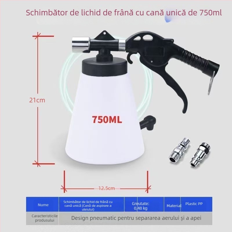 Dispozitiv pneumatic pentru înlocuirea fluidului de frână – kit de umplere/extragere cu recipient de 1000 ml, pompă 750 ml, conductă rezistentă la presiune, duză de aer și furtun